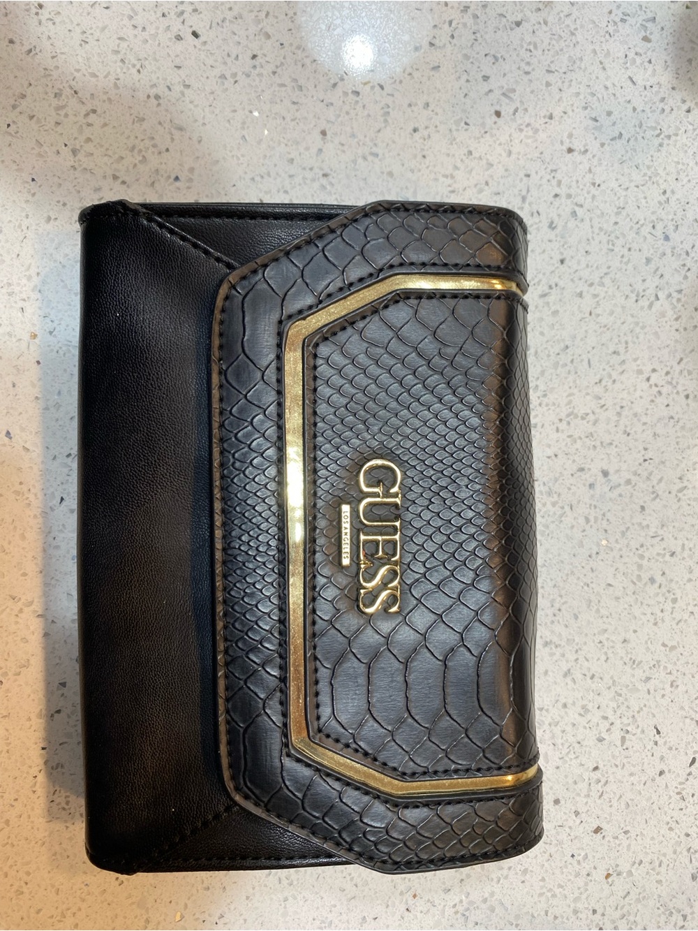GUESS Black Wallet with Gold Accent and Snake-Texture